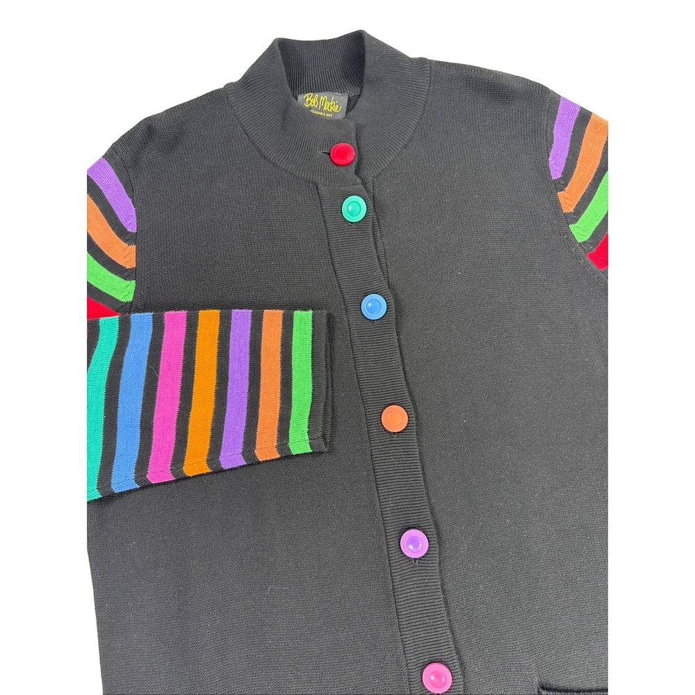 Bob Mackie Sweater Cardigan Womens XL Black Rainbow Striped Pockets Long NWT